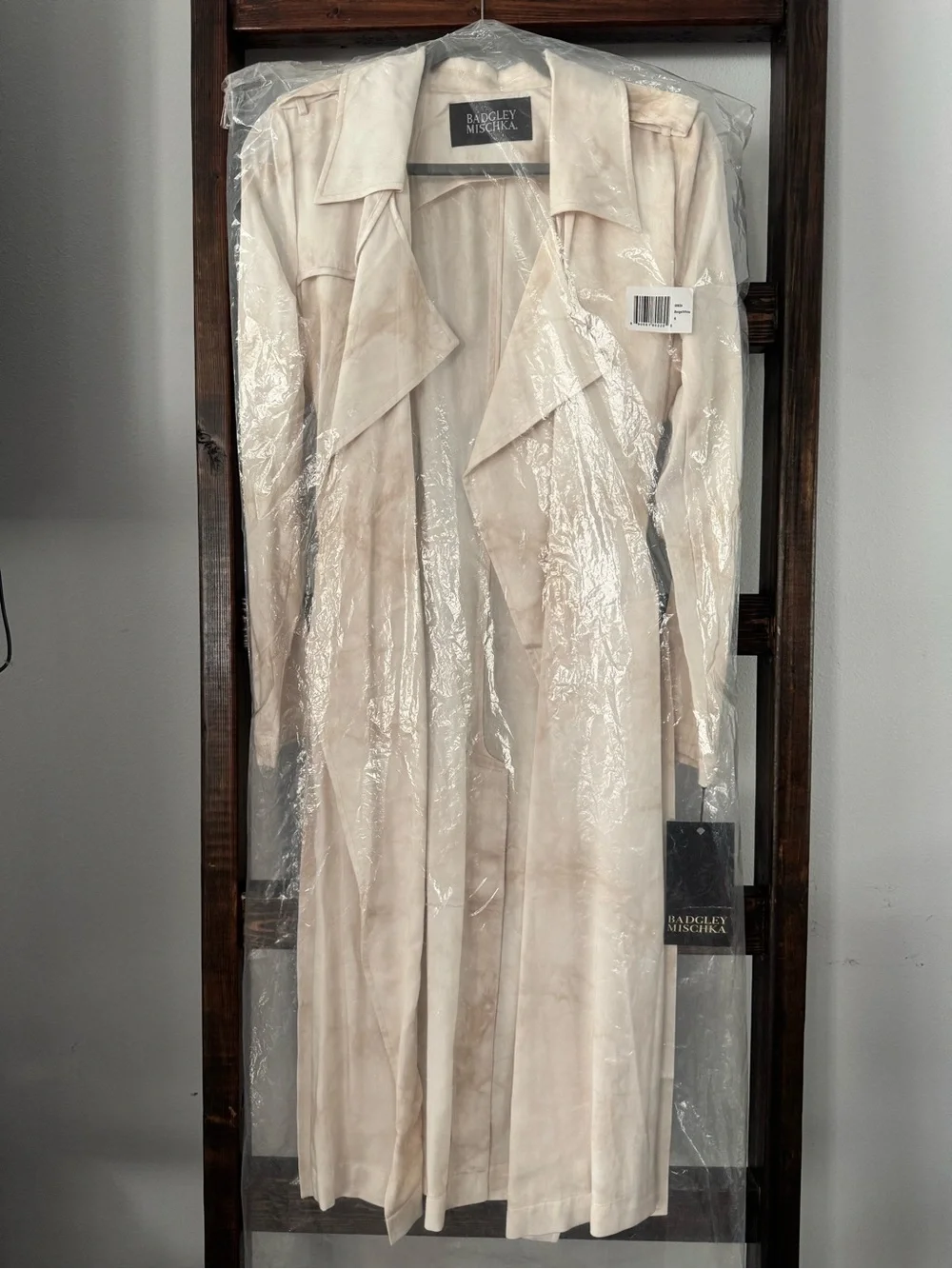 NWT Badgley Mischka White/Beige Tie Dye Trench Coat Lyocell Belted Duster Size S